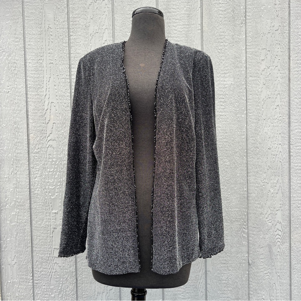 VTG 80s Ursula of Switzerland Beaded Metallic Silver Open Formal Jacket, 14